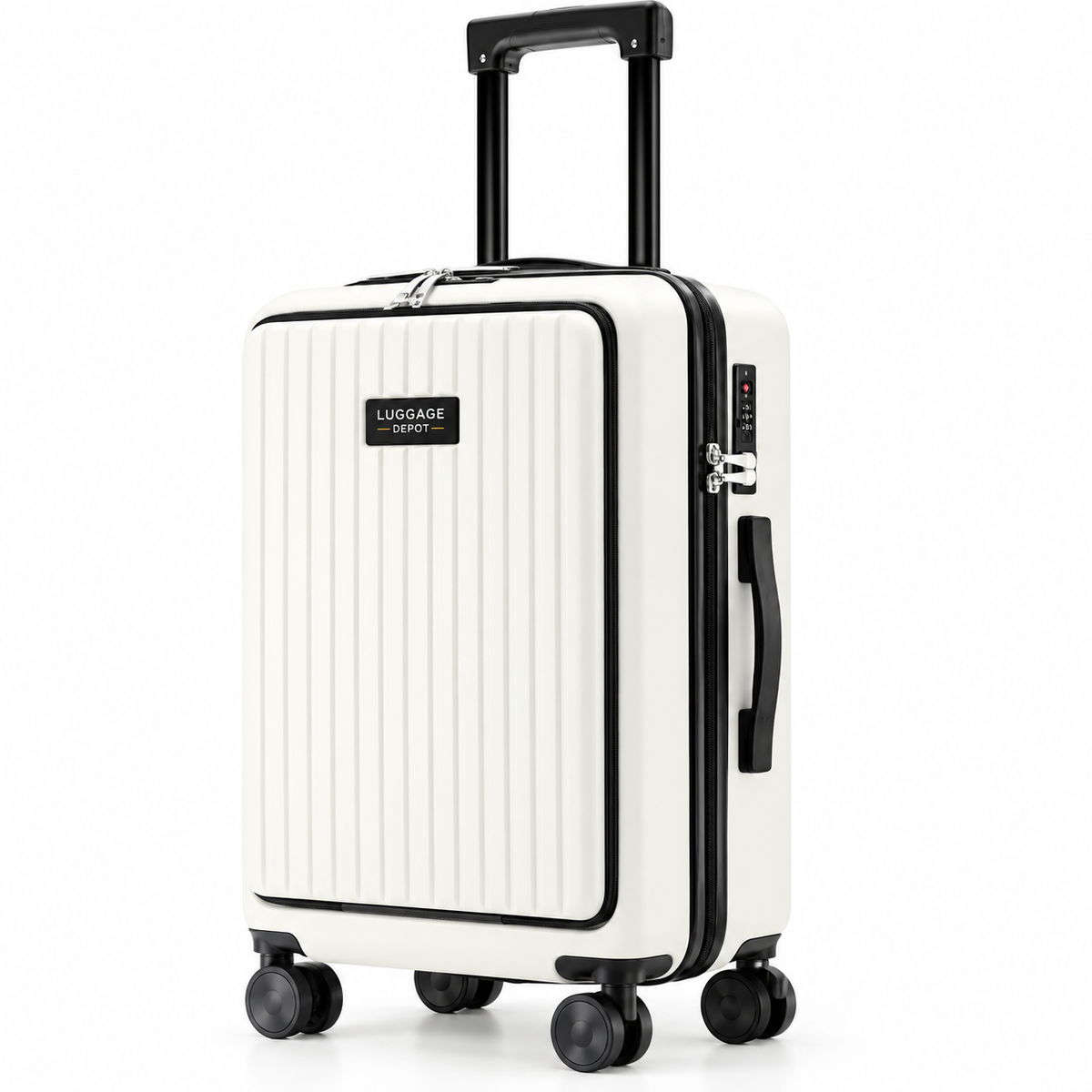 Luggage Depot White Hardside Carry-On Spinner Suitcase with Front Pocket, Cup Holder, Phone Holder & USB Port