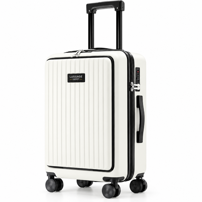 Luggage Depot White Hardside Carry-On Spinner Suitcase with Front Pocket, Cup Holder, Phone Holder & USB Port